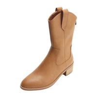 Krazing Pot Genuine Leather Autumn Winter Shoes Thick Med Heels Equestrian Boots Women Mid-calf Boots 34 geltona