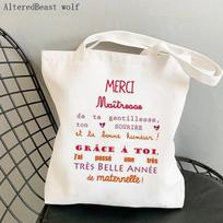 French Women's Tote Bag Kawaii Bag Harajuku Shopping Canvas Shopper Bag Thank You Mistress Shoulder Lady Bag Teacher Gift 24*26cm white
