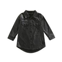 Lovely Baby One Piece Dress Coat, Long Sleeve Lapel Collar Buttoned Thigh Long Leather Coat with Pocket 2-3 Years juoda