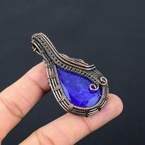 Lab-Created Blue Sapphire Gemstone Pure Copper Wire Wrapped Handmade Pendant Jewelry 2.60 Inches mėlyna