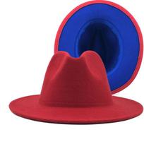 red blue Patchwork Wool Felt Jazz Fedora Hat Women Unisex Wide Brim Panama Party Trilby Cowboy Cap Men Gentleman Wedding Hat XL 56-58CM