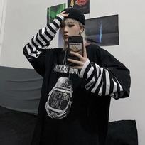 Harajuku Kosmonautas Laiško Spaudas O-Kaklas Dryžuoti Marškinėliai Laisvi Imituoti Dviejų Dalių Marškinėliai Moterims Ilgomis Rankovėmis Didelio Dydžio Hip Hop Viršūnės M juoda