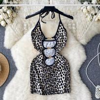 American Fashion Halter Leopard Camis Dress Women Vintage Hollow Out Backless Slim Dresses Female Club Sexy Sensual Strappy Mini Dress 2024 S juoda