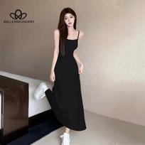Sexy Slim-fit High Waist Sling Dress Women's Summer New Tight Waist Slimming Shoulder Inner Base Solid Color Long Dress M juoda