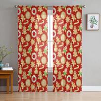 Christmas Watercolor Gingerbread Window Tulle Curtains For Living Room Kitchen Christmas Home Decor Sheer Voile Curtains 135W x 114H(cm)