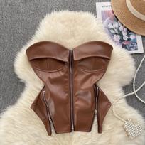 Strapless PU Leather Short Tank Top Fashion Zipper Design Slim Chic Backless Camis Ladies Streetwear Club Sexy Top One Size kava