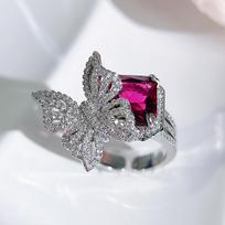 CMM stulbinantis princesės kirpimo raudonas cirkonio mikro asfaltuotas mažytis AAA CZ Vivid 3D drugelis reguliuojamas baltas auksinis kokteilių vakarėlis moterims atviras žiedas rubinas