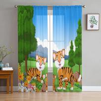 Tiger Cartoon In The Jungle Tulle Window Curtains for Living Room Yarn Sheer Voile Curtain for Bedroom Kitchen Drape Decor 135W x 114H(cm) green