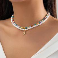 Ingemark Boho spalvingi sėklų karoliukai, imitaciniai perlų grandinės karoliai, moteriški vintažiniai Starfish pakabukai Choker Y2K papuošalų priedai 1 beige