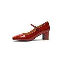 Krazing Pot Full Grain Leather Round Toe Thick High Heels Summer Shoes Mary Janes Sweet Girls Ankle Straps Women Ballet Pumps 34 raudona