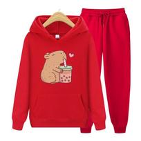 Moterims ilgomis rankovėmis rinkinys Kawaii Bubble Tea Kapibara Hoodie Moteriški Hoodie rinkiniai Unisex Harajuku Megztiniai Su gobtuvu Marškinėliai S red
