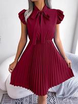 Summer Kawaii Cute 2024 Femme Office Lady Dresses A-line Party Clubwear Half Open Pleated Mini Sundress Bowknot Women Dress H215 S brown