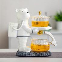 1 Set Lazy Tea Set Magnetic Water Diversion Rotating Cover Bowl Tea Maker Automatic Bear Glass Teapot Tea Canister Tea Cups Tea Tray Chinese Kung Fu T Space Bear