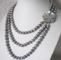 7-9mm 3Row Gray Freshwater Pearl Necklace Fashion Jewelry