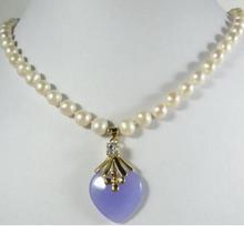 Fashion jewelry Beautiful Freshwater pearl and purple heart shape jade pendant Necklace