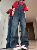 Vintage Suspender Jumpsuit Wide Leg Pants Women Young Girl Academic Style Sweet Loose Rompers Female Retro Casual Straight Denim Trouser S mėlyna