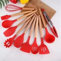 Kit Jogo 12 Peças Utensílios de Cozinha Silicone Colher Espátula kitchen Livre de BPA Antiaderente com Suporte raudona