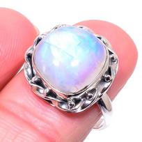 Natural Rainbow Moon Stone Gemstone 925 Solid Sterling Silver Ring Size 8.5 W6H19 white