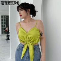 Women's Tops Large Size Sexy Hot Girl Undershirt Thin Straps Green Niche Design Lace Up Belly Covering Thin Wrap Tops 4XL žalia
