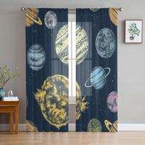 Solar System Planets Sheer Curtains for Living Room Transparent Tulle Window Treatments Bedroom Kitchen Home Decor Veil Drapes 135W x 114H(cm)
