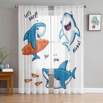 Blue Shark Cartoon Character Isolated On White Background Chiffon Sheer Curtains Living Room Bedroom Window Voiles Tulle Curtain 135W x 114H(cm)