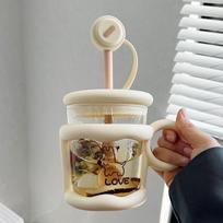 450ML Cartoon Cute Glass Water Bottle With Straw Tea Strainer Creative Simple Sippy Drink Water Cup For Girls Office Coffee Mugs Without 3D Stickers white