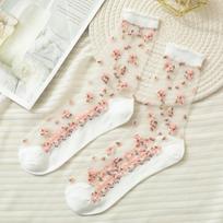 Breathable Ultra Thin Transparent Lace Socks Women Silk Crystal Rose Flower Embroidered Sox For Ladies Summer Fashion Elastic juoda