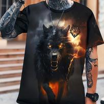Men's Thunderous Wolf Graphic T-shirt, Casual Slightly Stretch Breathable Tee, Men's Clothing For Outdoor S brown