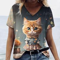 2024 Summer Women V-Neck T-Shirts Ballet cute cat print Casual Pullover Loose Short Sleeves Oversized Tee Shirt Female Clothing XL