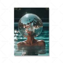 Disco Ball Pool Print Preppy Trendy Wall Art Pictures Girly Dorm Room Decor Funky Black Silver Swimming Canvas Painting Decor 21x30cm No Framed