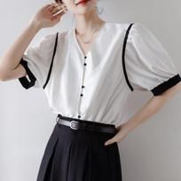 Summer New Elegant France Puff Sleeve Lapel Short Shirts Women Retro Design V Neck Crop Tops Y2k Sexy Style Aesthetic Chic Shirts S balta