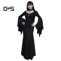 Moteriška Helovino suknelė žuvies uodegos apvadu plonas, netaisyklingas raukinis rankogaliai, šikšnosparnio rankovės, gotikinė apvaliu kaklu, vienspalvė Cosplay Performance Maxi suknelė S juoda