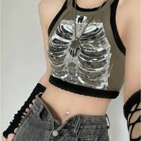 Punk estetinis kibernetinis retro rentgeno Skeletas Spausdinti Rib Berankovė Liemenė ArmyGreen Crop Top dizainerio drabužiai Moterys 2024 Summer Emo S žalia