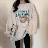 Ladies Long Sleeve Velvet Hoodie Women's Oversize O-neck Loose Letter Printed Sweatshirt Tops for Student M gray