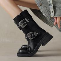 Krazing Pot Cow Skin Square Toe Winter Med Heels Modern Western Boots Women Rock Style Vintage Metal Fastener Ankle Boots 34 juoda