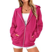 Fall Winter Women Hoodie Coat Drawstring Hooded Zip-up Long Sleeves Solid Color Pockets L rožinė raudona spalva