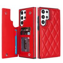 Applicable To S23Ultra Grid Mobile Phone Leather Case, Samsung S24 Double Buckle Mobile Phone Case, Xiaoxiangfeng Card Protective Case S21 raudona