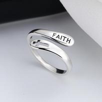925 Silver Ring Hong Kong Style FAITH Faith Cross Ring Ins Korean Version of The Cold Wind Jewelry Index Finger Ring Female
