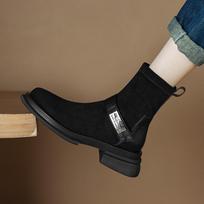 Krazing Pot Flock Autumn Winter Shoes Vintage Thick Heels Western Boots Metal Decoration Slip on Round Toe Keep Warm Ankle Boots 34 juoda