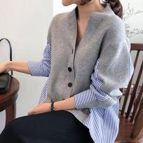 Autumn New V-neck Striped Loose Knitted Cardigan Women Sweater Jacket Winter Long Sleeve Casual Women Cardigans Elegant Patchwork Shirt Knitwear 24927 One Size pilka spalva