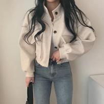Autumn American Punk Retro Solid Short Coat Women New Design Vintage Turn Down Collar Outerwear Female Fashion StreetWear Jacket M šviesios abrikoso spalvos