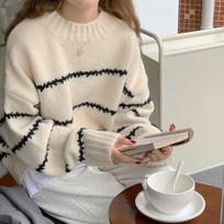 Retro Loose Pullover Knitted Sweater Women Autumn and Winter Long Sleeve Striped Sweaters Ladies Elegant Round Neck Casual Warm Woman Knitwears 24948 One Size balta