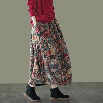 Rudens ir žiemos retro etninio stiliaus margintas medvilninis lininis šiltas sijonas elastingas juosmuo Storas gėlių pumpurų sijonas vidutinio ilgio moteriškas medvilninis sijonas One size black