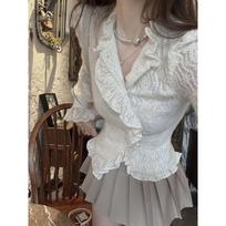 Thin Knitted Sweater Fungus Edge V-neck Pleated Top, Exquisite Soft and Sticky Lace Shirt, Slim Fit, Interior Design Sense, Small Shirt XXL balta