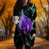 New In Autumn Waterdrop Rose Print Plus Size Dress Women O'neck Long Sleeves Casual Pocket Dresses XS violetinė