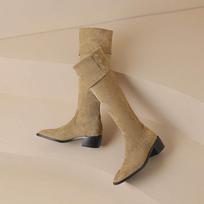 Krazing Pot Microfiber Flock Autumn Winter Shoes Med Heels Riding Boots Rivets Square Toe Keep Warm Over-the-knee Boots 34