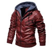 Locomotive Men's PU Leather Jacket Hood Off Fake Two Coats Keep Warm S