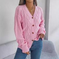 Autumn and Winter Casual V-neck Lantern Sleeve Cardigan Jacket Women Fashion Button Warm Knitted Cardigans Sweater Ladies Vintage Knitwear Coats 25137 S rožinė