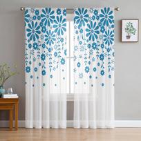Augalų gėlė Permatomos lango užuolaidos svetainei virtuvei vaikams miegamojo Voile pakabinamos užuolaidos 135W x 114H(cm) blue
