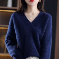 Autumn Winter Casual Elegant V-neck Women's Sweater Solid Fashion Long Sleeve Knitted Pullover Sweaters Women Warm Loose Lady Knitwears Clothing 31073 One Size oriono spalva